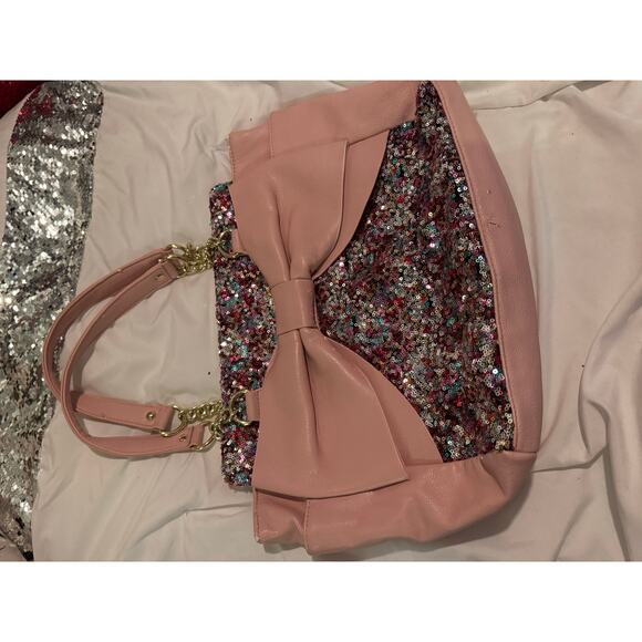Betsey johnson rainbow sequin pink leather kitsch pocketbook satchel bag purse - Picture 7 of 13